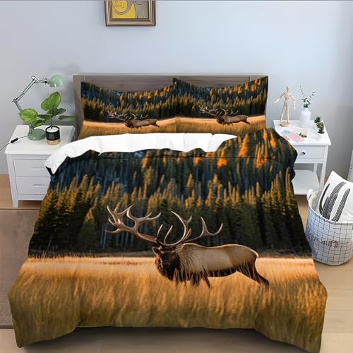 Bettwäsche 220x240 für großer Elch,braun Bettbezug 3 Teilig, Mikrofaser 220x240 Bettwäsche Set Weicher Atmungsaktive, Bettbezüge mit Reißverschluss Schließung und 2 Kissenbezug 80x80 cm-Wald A507