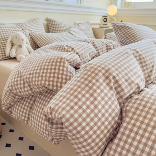 Nayoroom Bettwäsche 200x220 Braun Weiß Kariert Landhausstil Style Bettbezug 3teilig Karo Gingham Muster Gewaschene Mikrofaser Renforce Bettwäsche-Sets mit Reißverschluss und 2 Kissenbezüge 80x80
