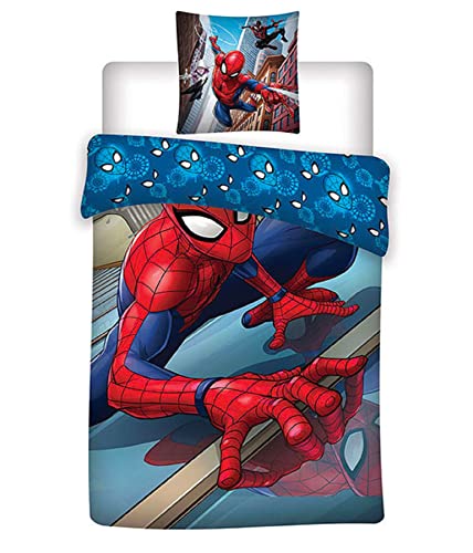AYMAX Spiderman Bettwäsche Set 80 x 80 cm + 135 x 200 cm 100% Baumwolle, Blau