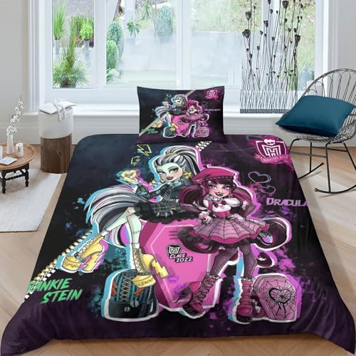 Monster High Bettwäschegarnitur Bettbezug Set 3D Gedruckter Animierte Figuren Für Kinder Mädchen Jungen Bettwäsche Weich Microfaser Und Kissenbezüge Reissverschluss 2 Teilig Single?135x200cm?