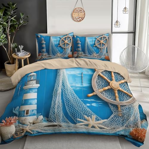 DLERFLOVR Bettwäsche Fischernetz Bettbezügen 135x200cm weich & bügelfrei Bettbezüge mit Reißverschluss - Nautische Dekoration Bettwäsche Set mit Kissenbezüge 80cm x 80cm
