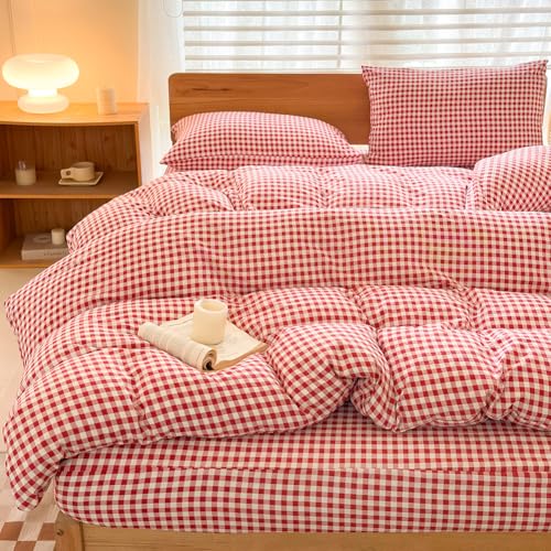 NSNLGSGC Rotes Gingham-Bettwäsche-Set für Queen-Size-Betten, Gittermuster, einfaches geometrisches Quadratmuster, weiches kariertes gewaschenes Mikrofaser-Bettwäsche-Se t (3-teilig, Queen-Size-Bett)