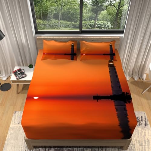 Spannbettlaken 90x200cm Kinder Mikrofaser Spannbetttuch Leuchtturm bei Sonnenuntergang am Meer Bedrucktes Soft Dekorativer Stoff Bettwäsche Rund-um Elastischer Gummizug, für Matratzen von 30 cm