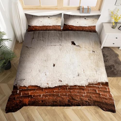 Backsteinmauer Bettwäsche 135x200 Junge Bettwäsche-Sets Weich Mikrofaser Retro-Landhausstil 3D-Druck Es Besteht Aus Einem Bettbezug mit Reißverschluss und 2 Kissenbezüge 80x80 B.650