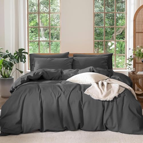 Boqingzhu Bettwäsche 135x200 cm Ägyptische Baumwolle Grau Anthrazit Uni Langlebig Glatt Bettwäsche Set Einzelbett Perkal Baumwoll Bettbezug 135 x 200 und Kissenbezug mit Reißverschluss