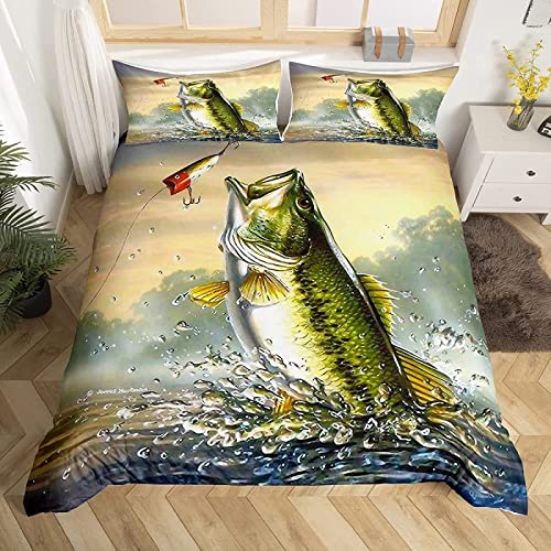 Bettwäsche 135x200 3D Tierischer Fisch Barsch Angeln Bettwäsche Set Weich Bequem Mikrofaser Bettbezug mit 2 Kissenbezug 80x80 cm 3 Teiliger Bettbezüge Set für Kinder Jungen Mädchen