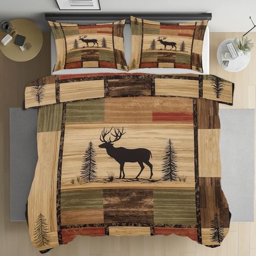Kioldoq Retro Patchwork Bettbezüge Sommer, Silhouette Sikahirsch Bettwäsche 200x200 Mikrofaser, Elch Nostalgische Deckenbezug 3 Teiliges, Wendebettwäsche Mit Reißverschluss Kissenbezug 80x80 cm