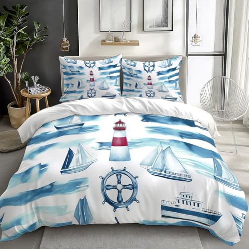 XCQHZYQ Bettwäsche 220x240 cm Schiff Leuchtturm Ruder 3teilig Microfaser Bettwäsche Set Bettbezug Atmungsaktive Baumwolle Microfaser Modern Bettdeckenbezug