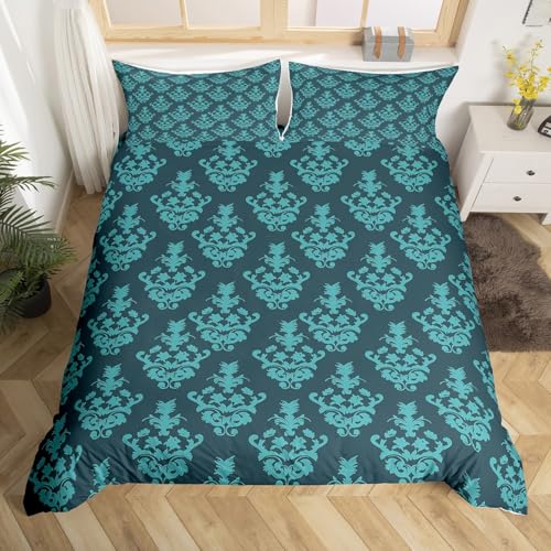 Homewish Gotische Bettwäsche Sets Erwachsene Damast Bettbezug Set,Viktorianische Tröster Abdeckung 155x220 Vintage Barock Goth Bett Set Antik Schwarz Floral Böhmische Dekor,Türkis