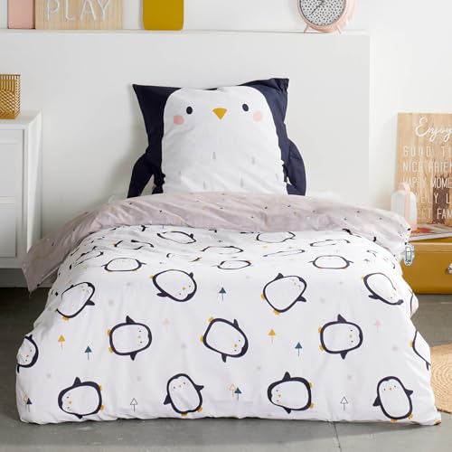 Bettwäsche Set Pinguin 2-teilig - 135x200 cm Deckenbezug & 80x80 cm Kissenbezug mit Flügeln - Kinderbettwäsche schwarz weiß - 100% Baumwolle mit Reißverschlüssen - Renforcé Qualität, Oeko-Tex