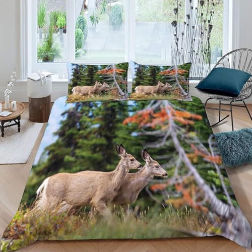 Bettwäsche 200x200 Hirsch 3D Druck Bettbezug Kuschelig Weich Mikrofaser Bettwäsche Set 3 Teilig Bettwäsche-Sets Waldlandschaft Bettbezüge mit Reißverschluss und 2 Kissenbezüge 80x80 cm A/2411