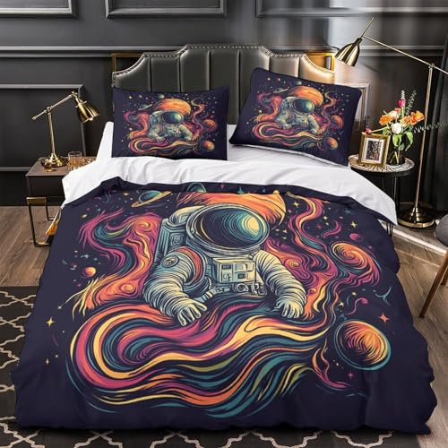 WTORIMPEL Astronaut im Weltraum 3D Bedruckt Bettdeckenbezug 3teilig Mikrofaser hautfreundlich lebendig kosmisch Bettbezug 2 Kissenbezüge farbbeständig Erwachsene Familie Single?140x200cm?