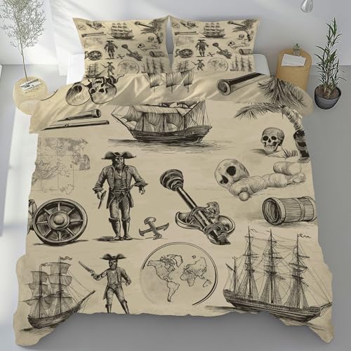 Tyafsgvqo Piraten Kapitän Bettwäsche 135x200 cm 3 Teilig, Segelboot Ruder Karte Bettbezug Weich & Atmungsaktiv, Vintage Nautische Thema Bettwäsche Set, Wendebettwäsche mit 2 Kissenbezug 80x80 cm