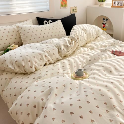 Covebett Bettwäsche 155x220 Herzen Beige Braun Herz Herzchen Microfaser Bettwäsche Set 2teilig Aesthetic Elegant Weich Mädchen Bettbezug und 1 Kissenbezug 80x80 cm mit Reißverschluss