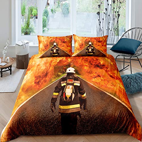 Loussiesd Feuerwehrmann Betten Set Feuerwehrmann Bedrucktes Bettwäsche Set 135x200cm Für Kinder Jungen Mädchen Erwachsene Brennendes Feuer Bettbezug Set Feuerbekämpfung Held Raumdekor