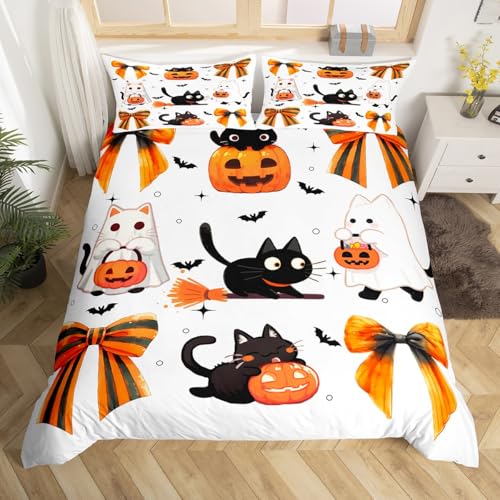 Homewish Halloween Bowknot Bettbezug 135x200 Halloween Kürbis Geist Fledermaus Bettwäsche Set Gotische Kokette Bögen Tröster Abdeckung Kawaii Schreckliche Schwarze Katze Bett Set Niedliche Stil Dekor