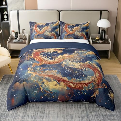 Orientalischer Drache 100% Baumwolle Bettbezug 135x200 Roter Chinesischer Drache Bettwäsche Set Goldstaub Dekoratives Tröster Abdeckung Asiatisches Ozean Thema Weiches Traditinales Tier Bett Set