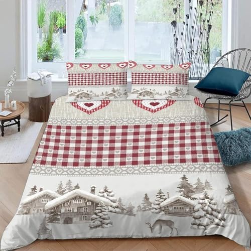 Weihnachtsmotiv Bettwäsche 220x240 Rot Kariert Bettwäsche-Sets 3D Gedruckter Bettbezug Weiche Kuschelig Mikrofaser Bettbezüge mit Reißverschluss und 2 Kissenbezüge 80x80 D-860
