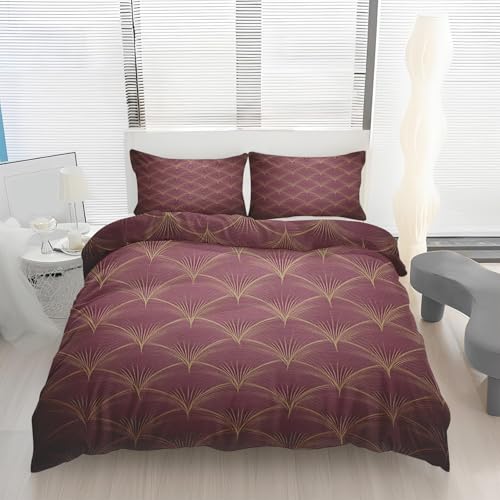 Generisch Vintage Weinrot Bettwäsche Bettbezug 200x220 cm Schuppen Abstrakt Kunst Bettwäsche-Sets mit Reißverschluss & 2 Kissenbezug, Ultraweicher Leicht Mikrofaser Bettbezüge Doppelbett 3 Teilig