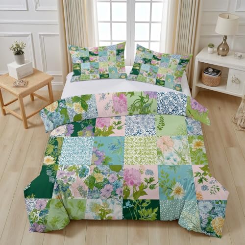 Tyafsgvqo Blumen Patchwork Bettwäsche 135x200 cm Winter, Botanisch Frühling Garten Bettwäsche Bügelfrei, Floral Karo Landhaus Wendebettwäsche, Duvet Cover mit 2 Kissenbezug - fur Kinder Jungen Mädchen