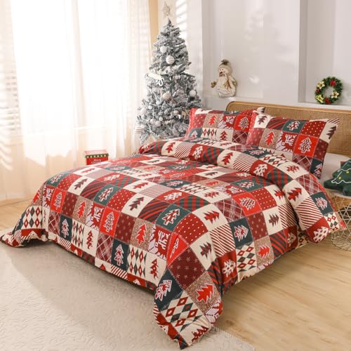 DXHOME Weihnachten Bettwäsche Set 135x200cm Rot Tannenbaum Wintermotiv Bettwäsche-Set für Mädchen Jungen Geschenke für Kinder Weiche Mikrofaser Bettbezug mit Reißverschluss + 1 Kissenbezug 80x80cm