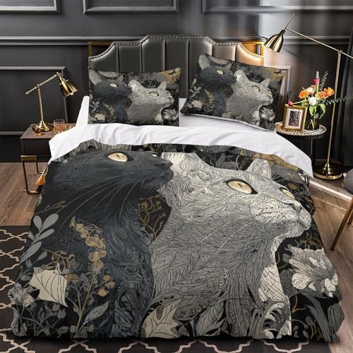 VOXYTMLWG Schwarz Katze Sitting Mikrofaser Bequem 3D Druck Vintage Blütenmuster Dekor Bettdeckenbezug Bettwäsche-Set 3 Stück Zip Verschluss for Jungen,Teenager,Männer,J ugendliche Single?135x200cm?