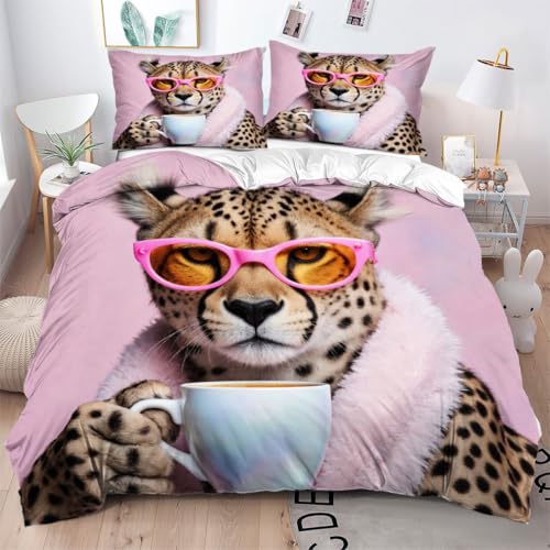 Gumntun Bettwäsche 200×220 cm 3 Teilig Rosa Tier-Leopard, Bettwäscheset aus 100% Mikrofaser, Weich und Bügelfrei Steppdeckenbezug mit 2 Kissenbezug 80X80 cm_B10140
