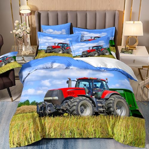 Traktor Bettwäsche 200x200 Kinder Jungen 3D Traktoren Bettbezug Ackerschlepper Bettwäsche Set Microfiber mit ReißVerschluss und Kissenbezug 2x80x80cm