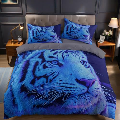 Tiertiger Bettwäsche 220x240 cm 3 teilig Blau-Violette Streifen Mikrofaser Bettbezug mit 2 Kissenbezüge 80x80 cm bügelfrei und weich Bettdeckenbezug