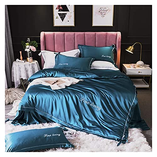 JQQJZLC Bettwäschedecker Set Duvet Cover für Heim/Hotel, Bettwäsche Sets Bettdecke Sets Kingsize Kingsize Satin Seiden weiche Silky 4 -teilige Trösterabdeckung Erwachsene Doppelblatt (Blau, König)