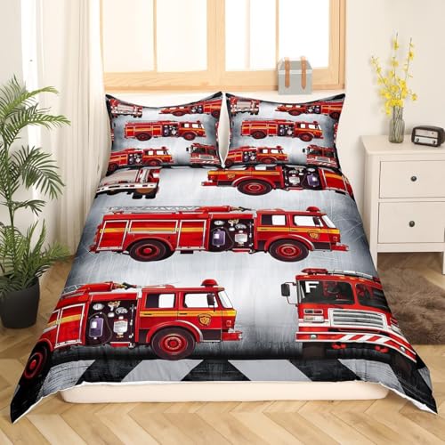 Cartoon-Feuerwehrauto Bettwäsche 200x200 Feuerwehr und Rettungsdienst 3D Bettbezug Weich Mikrofaser Bettwäsche-Sets 3 Teilig mit 2 Kissenbezüge 80x80 für Teenager Erwachsene Doppelbett u.2914