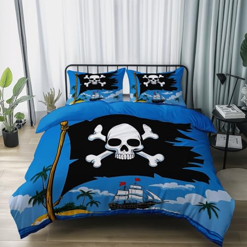 Bettwäsche 200 x 200 cm Piraten-Totenkopf-Flagge Muster Bettwäsche-Sets 3tlg, Blau Weich Wende Bettwäsche Gewaschene Mikrofaser Bettbezug mit Reißverschluss für Kinder und Erwachsene