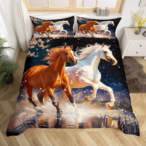 Homemissing Galoppierendes Pferd Bettwäsche Set 155x220cm Braun Weiß Laufendes Pferd Bettbezug Set Kinder Jungen Mädchen Galaxie Sterne Betten Set Kirschblüten Schlafzimmer 2Stück