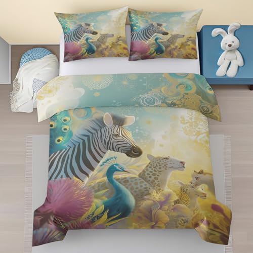 Generisch Leopard Pfau Bettwäsche 155x220, Wildtiere Muster Bettwäsche-Sets, Dschungel Tiere Mikrofaser mit Reißverschluss 3 Teilig, Enthält 1 Bettbezug und 2 Kissenbezuge 80x80 U9iJ67