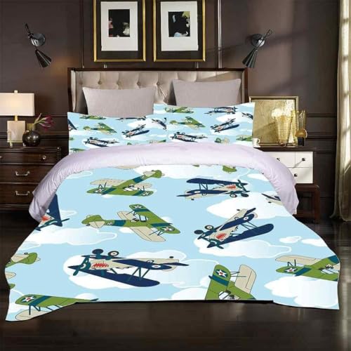 Gedruckte Flugzeuge Bettwäsche 155x220 Hellblau Bettwäsche-Sets Mikrofaser mit Reißverschluss, Weich Atmungsaktiv Bettbezüge und 2 Kissenbezügen 80x80cm, für Alle Jahreszeiten GeeignetBD1324