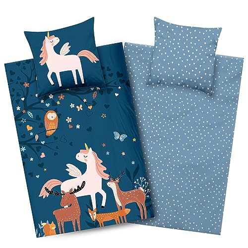 Aminata kids Bettwäsche Mädchen Einhorn 135 x 200 mit YKK Reißverschluss - Kinder-Bettwäsche-Wende- Set | Einhorn-Tier-Motiv | Pferd Unicorn Regenbogen Waldtiere