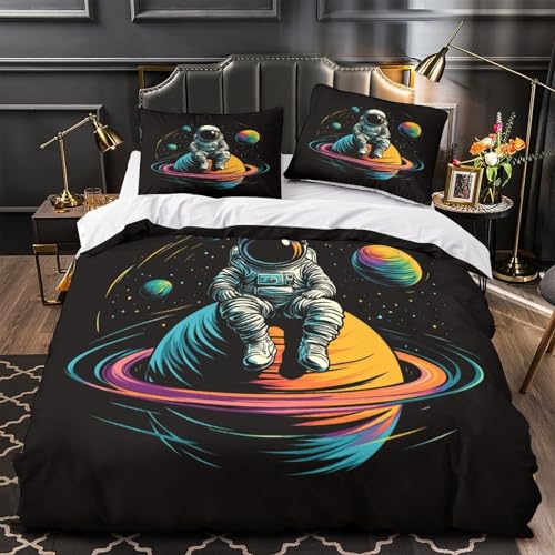 RWKAVZLOP Astronaut sitzt 3D Bedruckt Bettdeckenbezug 3teilig Mikrofaser farbbeständig Weltraumabenteuer Bettbezug 2 Kissenbezüge pflegeleicht Erwachsene Familie Single (135x200cm)