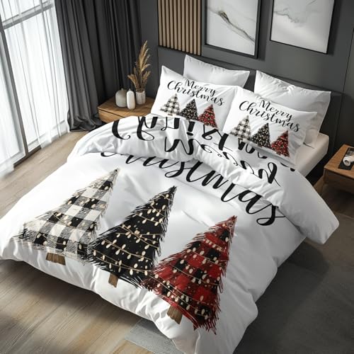 Generisch Bettwäsche 155x220 Frohe Weihnachten - Schlafzimmer Deko Bettbezug 155 x 220 2tlg Karierter Weihnachtsbaum Muster, 1 Kissenbezug 80x80, mit Reißverschluss, Weich Mikrofaser TG#173