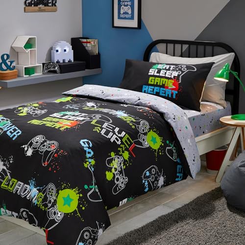 Bedlam Schwarzer Gaming-Bettbezug, Einzelbettgröße (200 x 140 cm), leuchtet im Dunkeln, wendbar (2 Designs), Gaming-Bettwäsche – Gamer-Bettbezug in Schwarz – Gaming-Schlafzimmer-Zubeh ör
