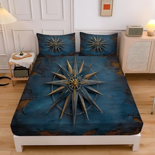 Vintage-Kompass Basics Spannbettlaken 160×200 cm, Landhausstil Spannbetttuch - Matratzenhöhe Bis 30 cm, Enthält Zwei Kissenbezüge Dunkelblau Maschinenwaschbare Bettwäsche
