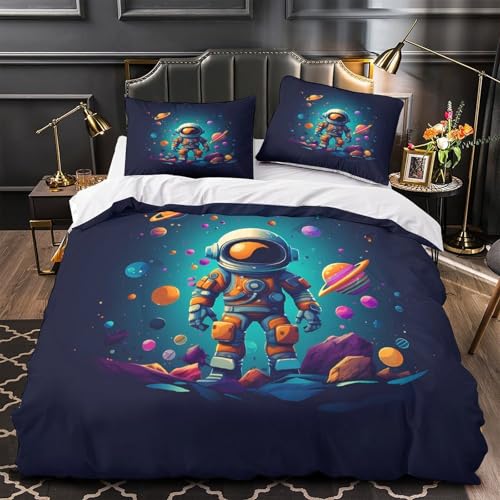 Astronaut im Weltraum 3D bedruckt Bettbezug 3teilig Mikrofaser farbbeständig Farbenfrohes kosmisches Abenteuer Deckenbezug 2 Kissenbezüge maschinenwaschbar Erwachsene Paare Super king?260x220cm?
