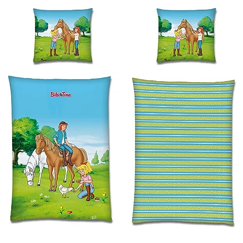 Bibi und Tina Kinder Bettwäsche Pferdekoppel Blau 135 x 200 + 80 x 80 cm 100% Baumwolle Renforcé-Linon-Qualität Blocksberg Martin Amadeus Sabrina Pferde-Bettwäsche Reißverschluss Deutsche Größe