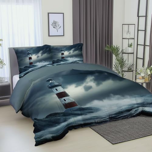 Bettwäsche 180 x 200 cm, Leuchtturm Raue Wellen Meer Muster Bettbezug aus Mikrofaser, Dunkelgrau Bettwäsche-Sets mit Reißverschluss Geeignet für Kinder und Erwachsene