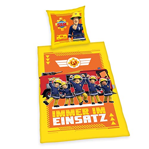 Herding Bettwäsche-Set Feuerwehrmann Sam Glow in The Dark, Im Dunkeln leuchtendes Wendemotiv, Kopfkissenbezug 80 x 80 cm, Bettbezug 135 x 200 cm, Mit leichtläufigem Reißverschluss, Baumwolle