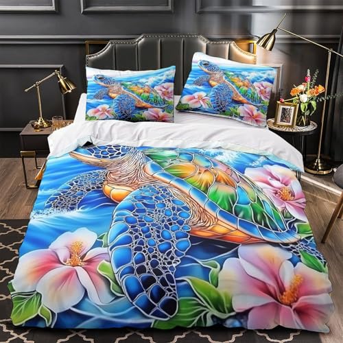 GTDKSUEVG Meer Schildkröte Swim Mikrofaser Bequem 3D Druck Underwater Nature Bettdeckenbezug Bettwäsche-Set 3 Stück Zip Verschluss for Jungen,Teenager,Männer,J ugendliche Single?135x200cm?