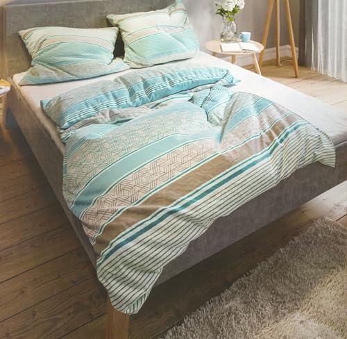 Leonado Vicenti Bettwäsche 155 x 220 cm Mikrofaser Velours Set, Kuschelig & Warm, 4 teilig, Streifen-Design in Grau Petrol Türkis, Mit Verdecktem Reißverschluss, Gestreift, Pflegeleicht