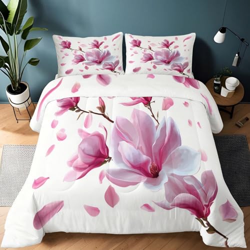 Weiche Bettdecke 220 x 240 cm Bettwäsche, Weiß Warme Steppdecke Wendbar Decke für Bett - Elegant Pflanzen Blumen Magnolie Allergiker Leichte Bettdecke Kinder Bettwäsche für Jungen Mädchen Teenager