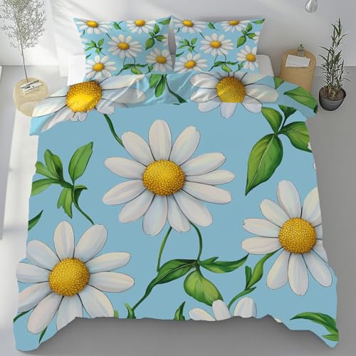 Tyafsgvqo Gänseblümchen Bügelfrei Bettwäsche 135x200 cm, Landhausstil Blumen Bettbezug 3 Teilig, Natur Floral Pflanzen Bettwäsche Set Kühlend Atmungsaktiv, Wendebettwäsche mit 2 Kissenbezug 80x80 cm