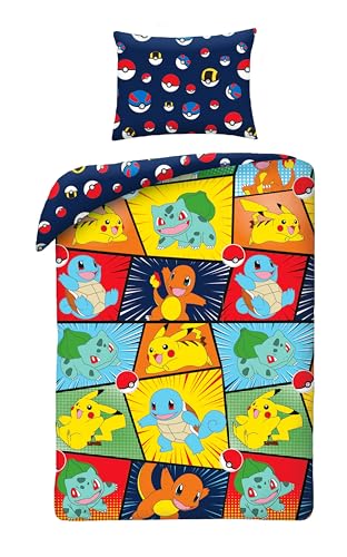 Halantex Bettwäsche-Set Pokemon, Pokemon und Pokeball, Mehrfarbig, 2-teilig 140 x 200 cm + 1 Kissenbezug. 100% Baumwolle, Oeko-TEX., Einzelbett