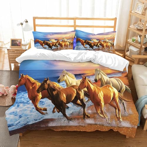 MYAUEYSU Bettwäsche Set 100% Baumwolle ist,Pferde am Strand,und allem auch für Personen mit Hautsensibilisierung empfohlen 152x203cm